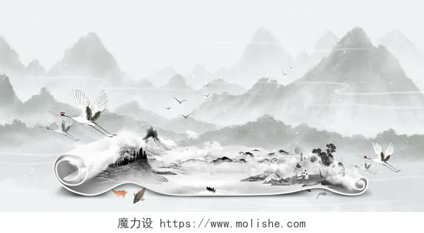 古风中国风卷轴画轴中国风浅水墨水墨山水插画海报背景图